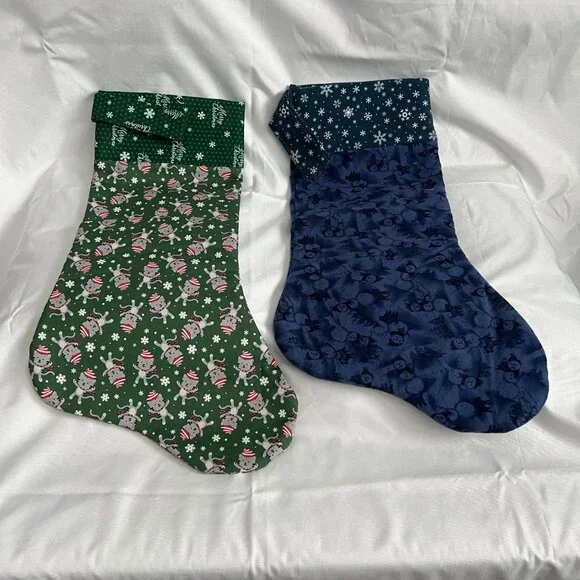 Handmade Christmas Stockings Set Of 2 Blue & Green With Snowman & Cat Prints Sof - Picture 1 of 5